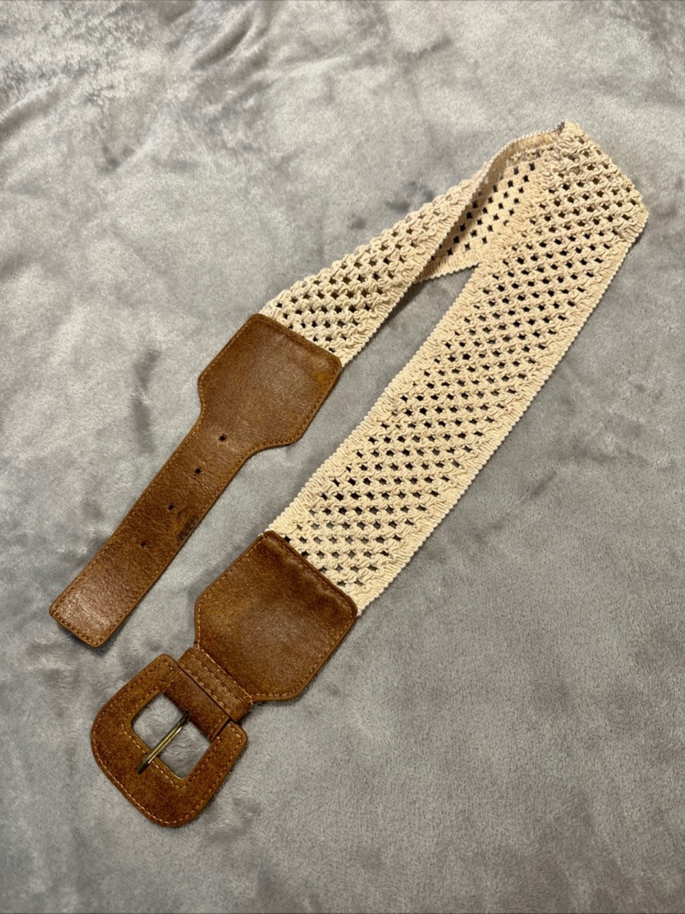 Bohemian Crochet - Stretchy Waist Belt - Cream Brown Faux Leather Retro Boho Y2K
